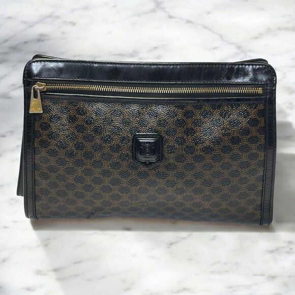 CELINE Macadam Clutch Handbag Black Brown Triomphe Leather Unisex Vintage 90s - Picture 2 of 16